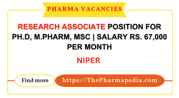 Research Associate Position at NIPER for Ph.D, M.Pharm, MSc